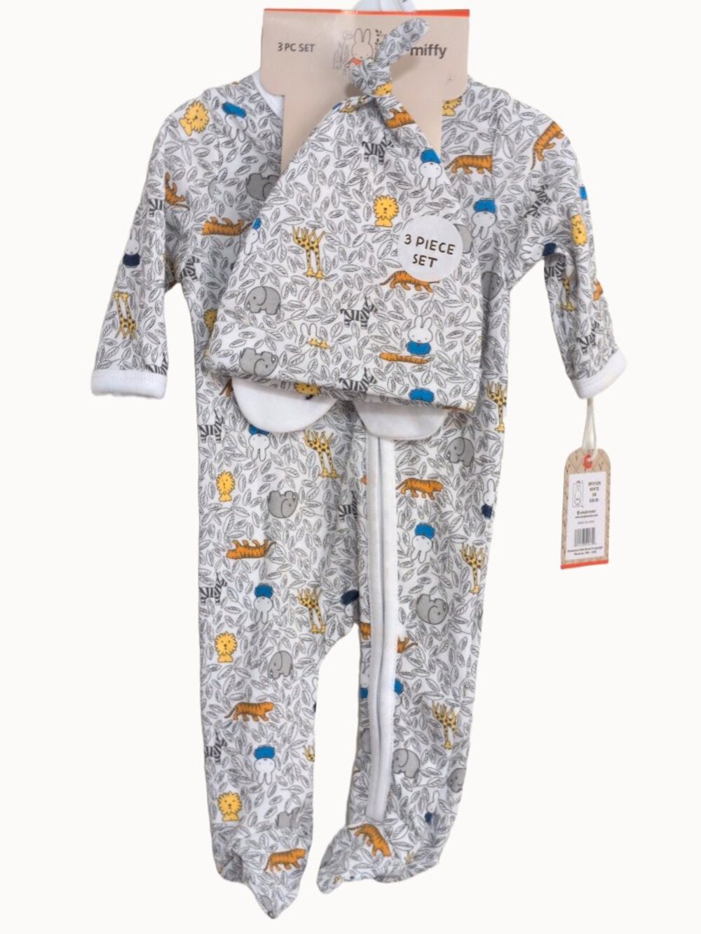 NWT Miffy Baby Boys 3-Piece Soft Sleep Play Onesie Beanie Mitten Size 3 Months